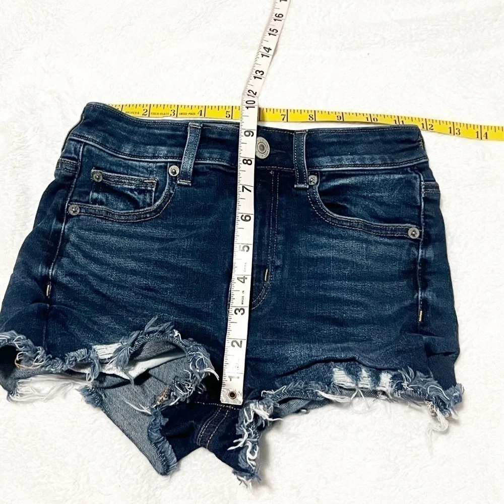 American Eagle High Rise Shortie Dark Wash Distressed Denim Shorts Size 0 Blue